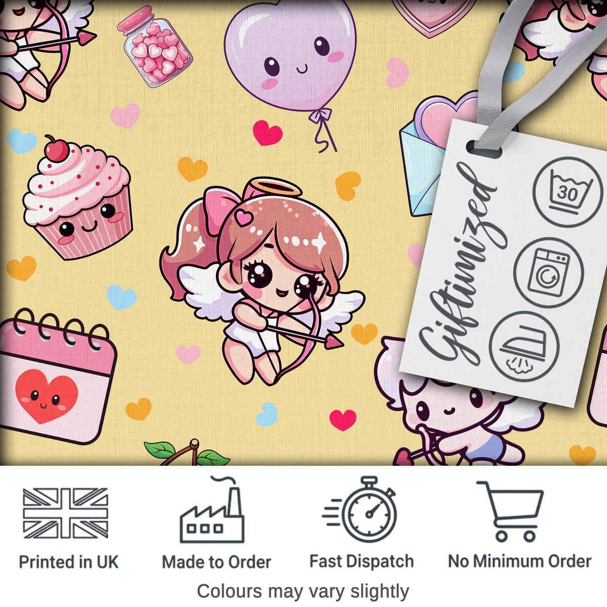Cute Kawaii Cupid Angels Hearts Balloons Warm Beige Seamless Pattern Digital Print Fabric by the Metre UK Sewing Quilting Textile