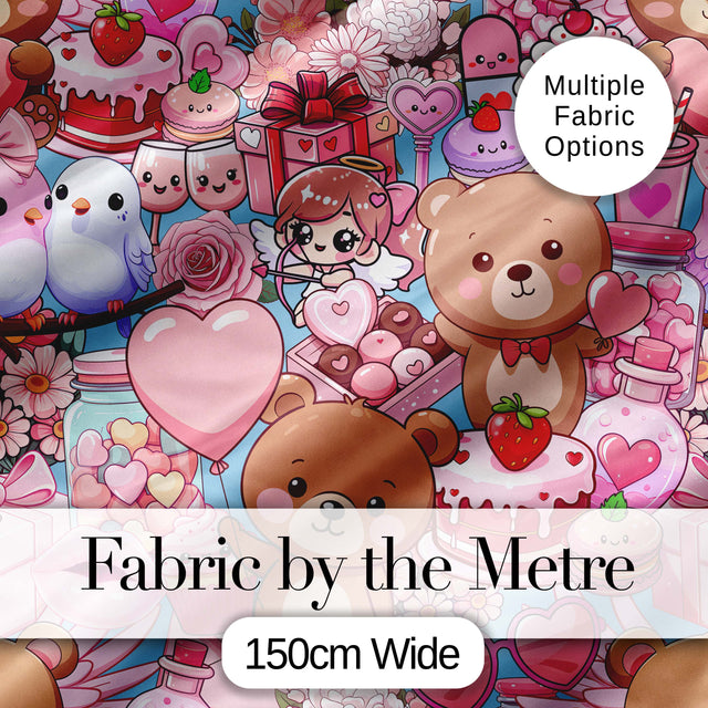 Cute Teddy Bears Cakes Flowers Blue Background Seamless Pattern Digital Print Fabric by the Metre UK Sewing Quilting Textile