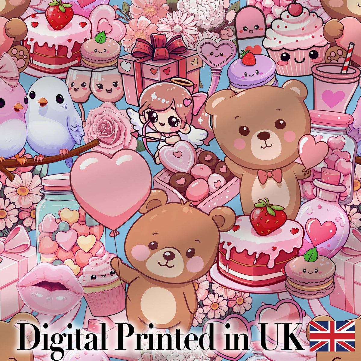 Cute Teddy Bears Cakes Flowers Blue Background Seamless Pattern Digital Print Fabric by the Metre UK Sewing Quilting Textile