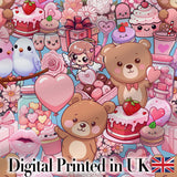 Cute Teddy Bears Cakes Flowers Blue Background Seamless Pattern Digital Print Fabric by the Metre UK Sewing Quilting Textile