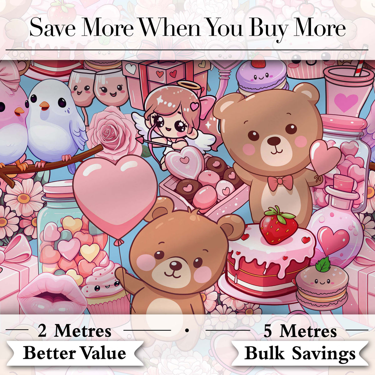 Cute Teddy Bears Cakes Flowers Blue Background Seamless Pattern Digital Print Fabric by the Metre UK Sewing Quilting Textile