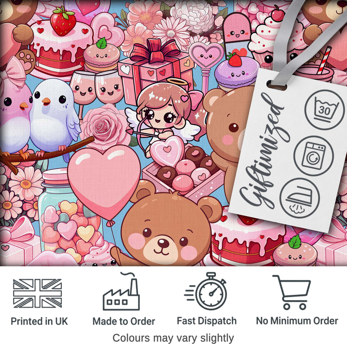 Cute Teddy Bears Cakes Flowers Blue Background Seamless Pattern Digital Print Fabric by the Metre UK Sewing Quilting Textile