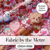 Cute Teddy Bears Cakes Flowers Red Background Seamless Pattern Digital Print Fabric by the Metre UK Sewing Quilting Textile