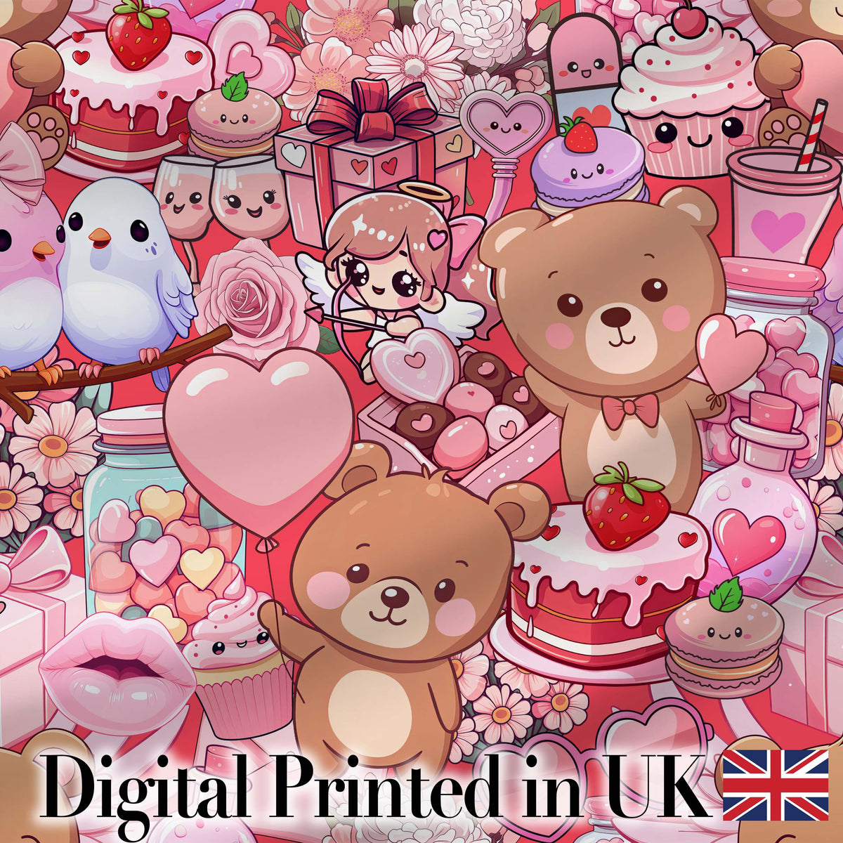 Cute Teddy Bears Cakes Flowers Red Background Seamless Pattern Digital Print Fabric by the Metre UK Sewing Quilting Textile