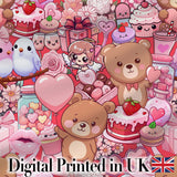 Cute Teddy Bears Cakes Flowers Red Background Seamless Pattern Digital Print Fabric by the Metre UK Sewing Quilting Textile