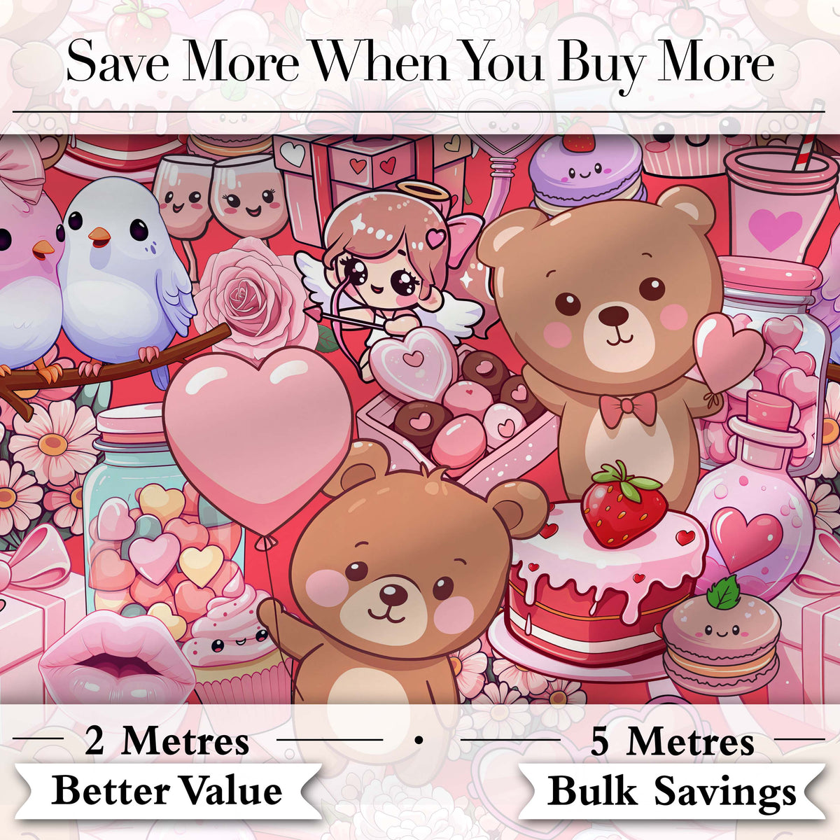 Cute Teddy Bears Cakes Flowers Red Background Seamless Pattern Digital Print Fabric by the Metre UK Sewing Quilting Textile