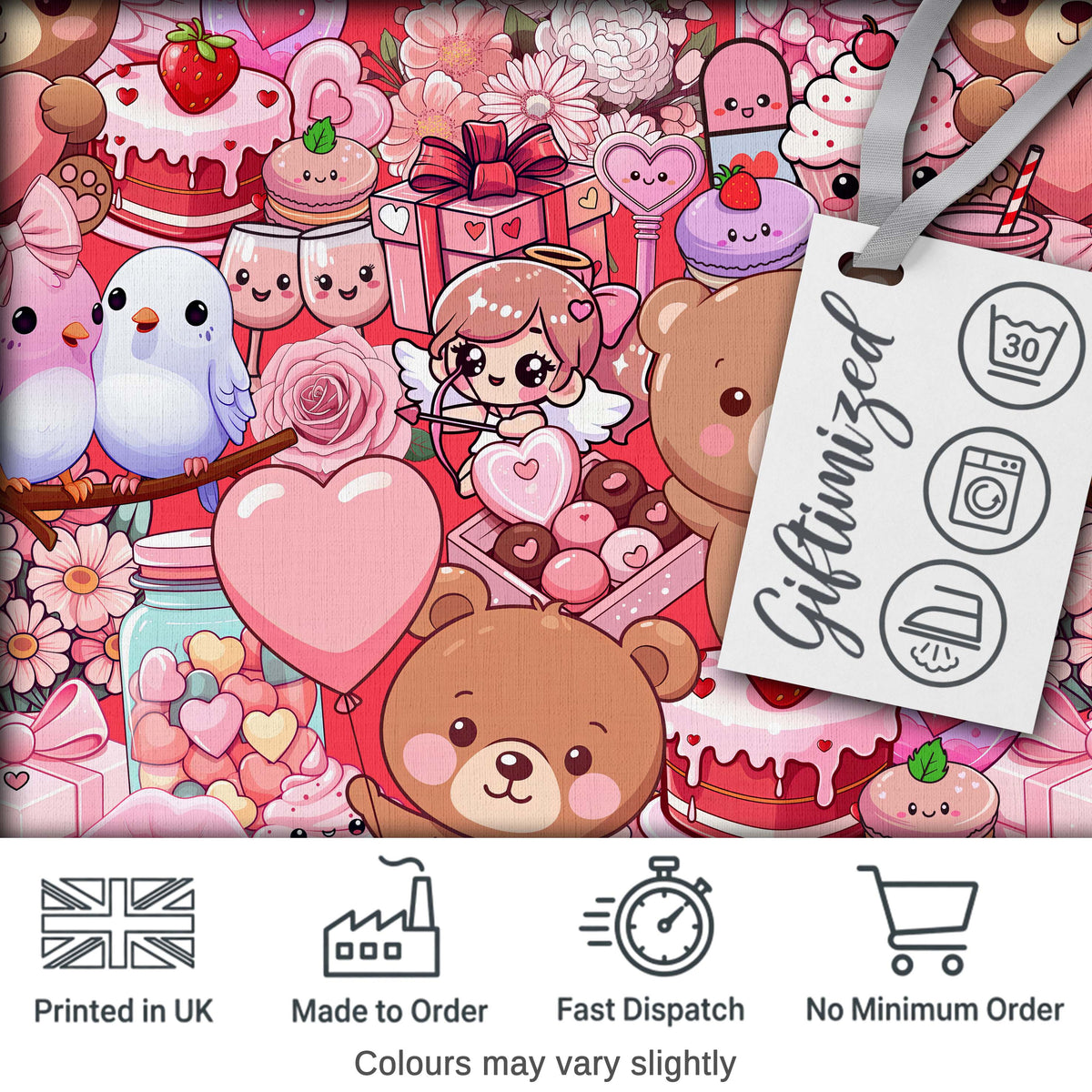 Cute Teddy Bears Cakes Flowers Red Background Seamless Pattern Digital Print Fabric by the Metre UK Sewing Quilting Textile