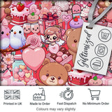 Cute Teddy Bears Cakes Flowers Red Background Seamless Pattern Digital Print Fabric by the Metre UK Sewing Quilting Textile