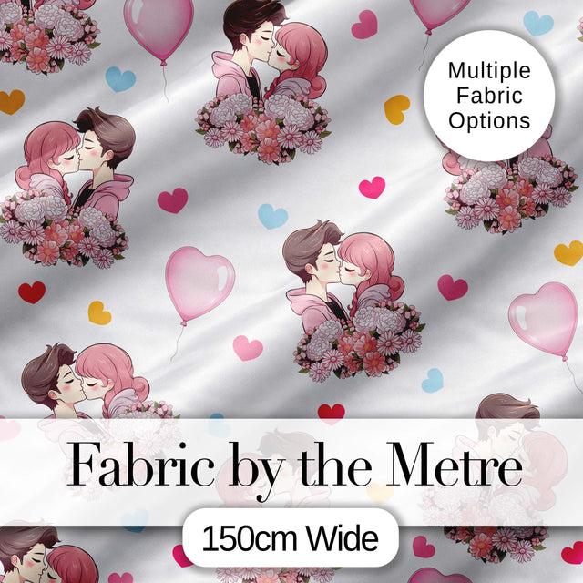 Romantic Couple Kissing Hearts Balloons Cute Seamless Pattern Digital Print Fabric by the Metre UK Sewing Quilting Textile