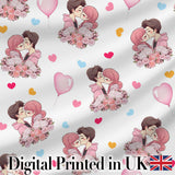 Romantic Couple Kissing Hearts Balloons Cute Seamless Pattern Digital Print Fabric by the Metre UK Sewing Quilting Textile