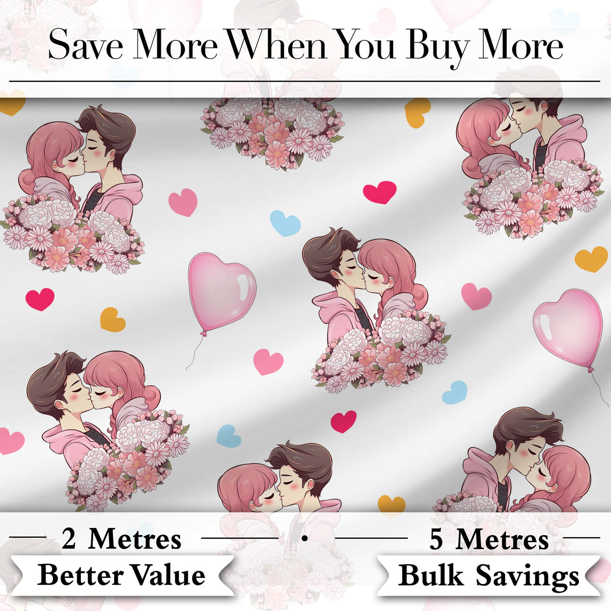 Romantic Couple Kissing Hearts Balloons Cute Seamless Pattern Digital Print Fabric by the Metre UK Sewing Quilting Textile