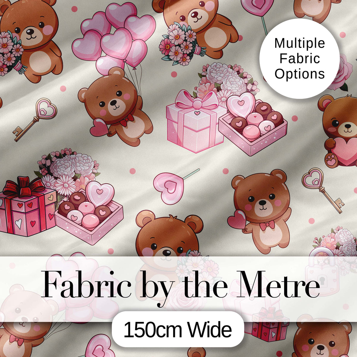 Cute Teddy Bears Gifts Hearts Valentines Seamless Pattern Digital Print Fabric by the Metre UK Sewing Quilting Textile