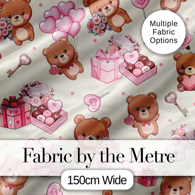 Cute Teddy Bears Gifts Hearts Valentines Seamless Pattern Digital Print Fabric by the Metre UK Sewing Quilting Textile