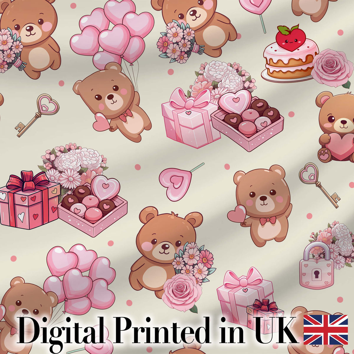 Cute Teddy Bears Gifts Hearts Valentines Seamless Pattern Digital Print Fabric by the Metre UK Sewing Quilting Textile