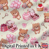 Cute Teddy Bears Gifts Hearts Valentines Seamless Pattern Digital Print Fabric by the Metre UK Sewing Quilting Textile