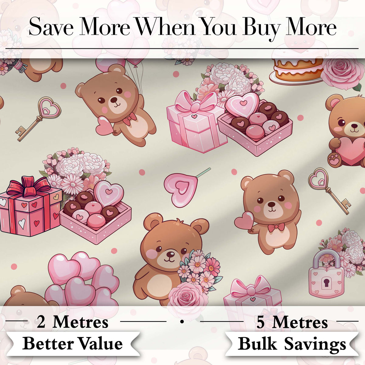 Cute Teddy Bears Gifts Hearts Valentines Seamless Pattern Digital Print Fabric by the Metre UK Sewing Quilting Textile