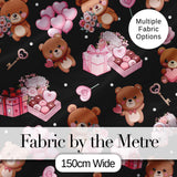 Cute Teddy Bears Gifts Hearts Black Background Seamless Pattern Digital Print Fabric by the Metre UK Sewing Quilting Textile