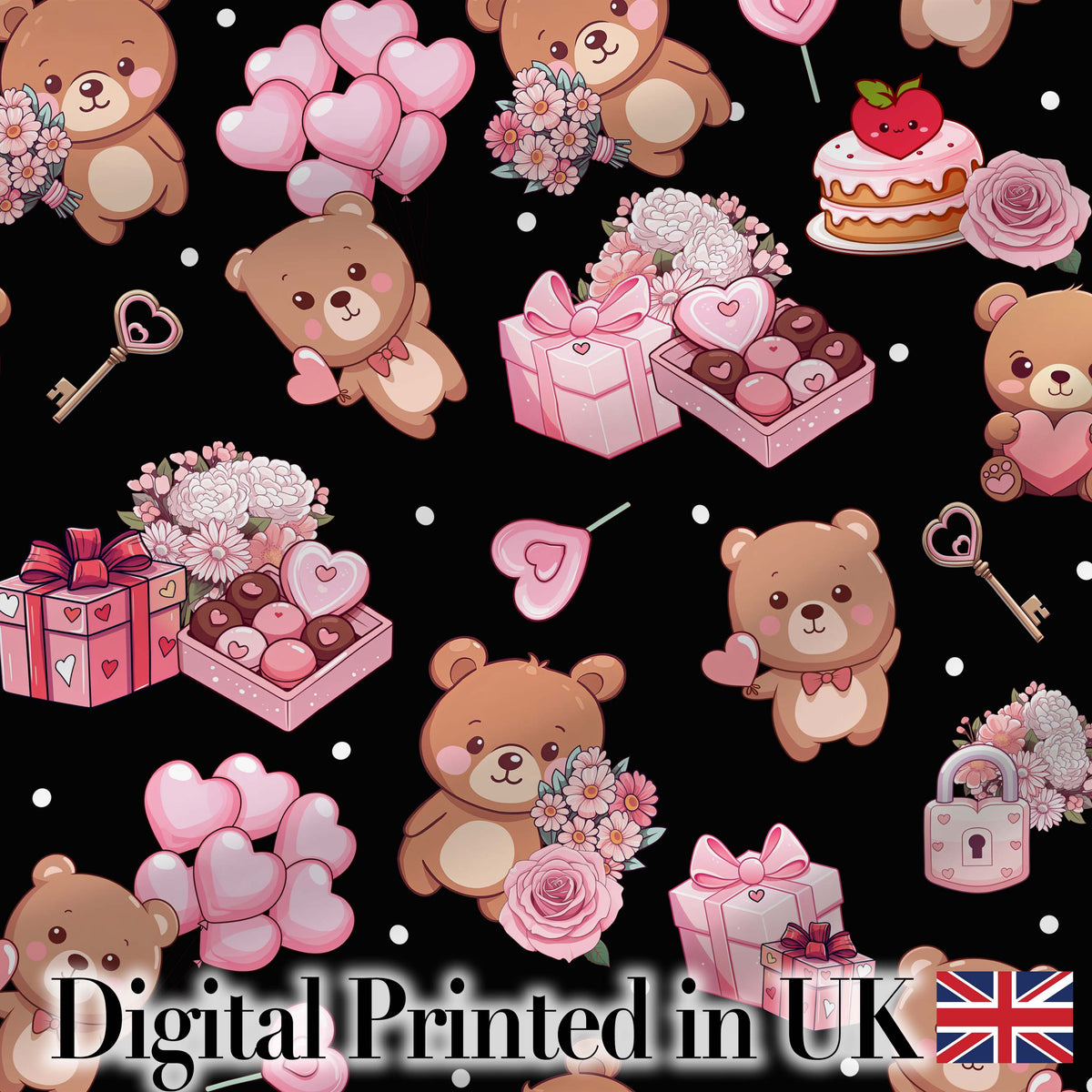 Cute Teddy Bears Gifts Hearts Black Background Seamless Pattern Digital Print Fabric by the Metre UK Sewing Quilting Textile
