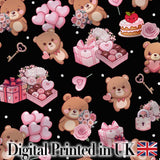 Cute Teddy Bears Gifts Hearts Black Background Seamless Pattern Digital Print Fabric by the Metre UK Sewing Quilting Textile