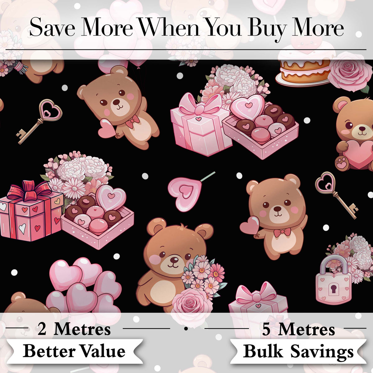Cute Teddy Bears Gifts Hearts Black Background Seamless Pattern Digital Print Fabric by the Metre UK Sewing Quilting Textile