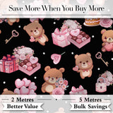 Cute Teddy Bears Gifts Hearts Black Background Seamless Pattern Digital Print Fabric by the Metre UK Sewing Quilting Textile