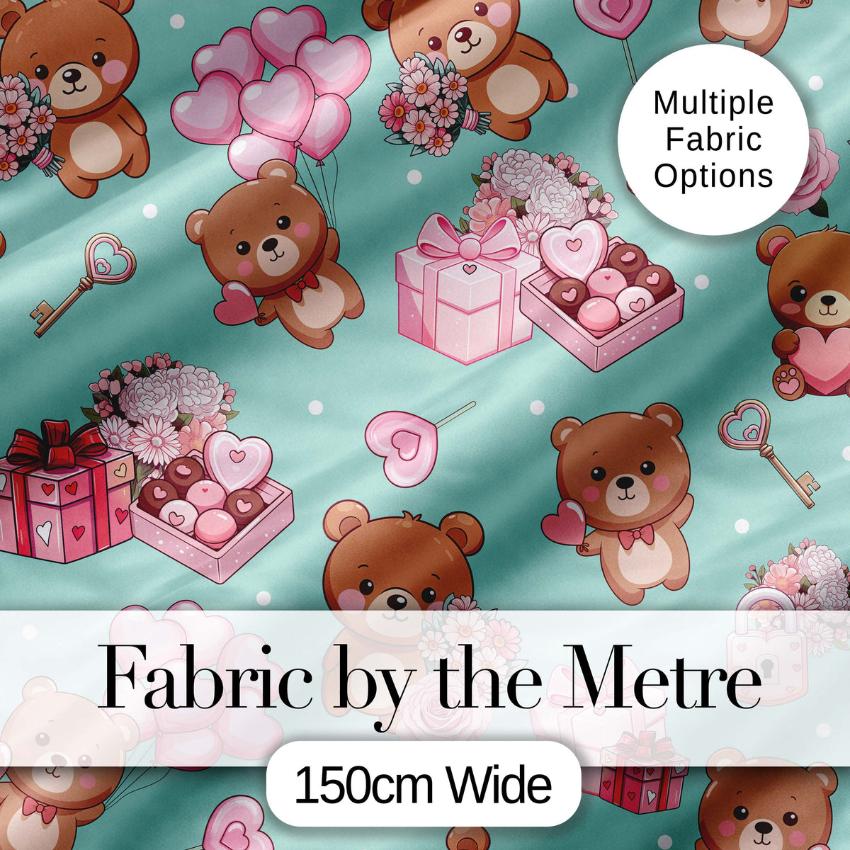 Cute Teddy Bears Gifts Hearts Mint Background Seamless Pattern Digital Print Fabric by the Metre UK Sewing Quilting Textile