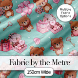Cute Teddy Bears Gifts Hearts Mint Background Seamless Pattern Digital Print Fabric by the Metre UK Sewing Quilting Textile