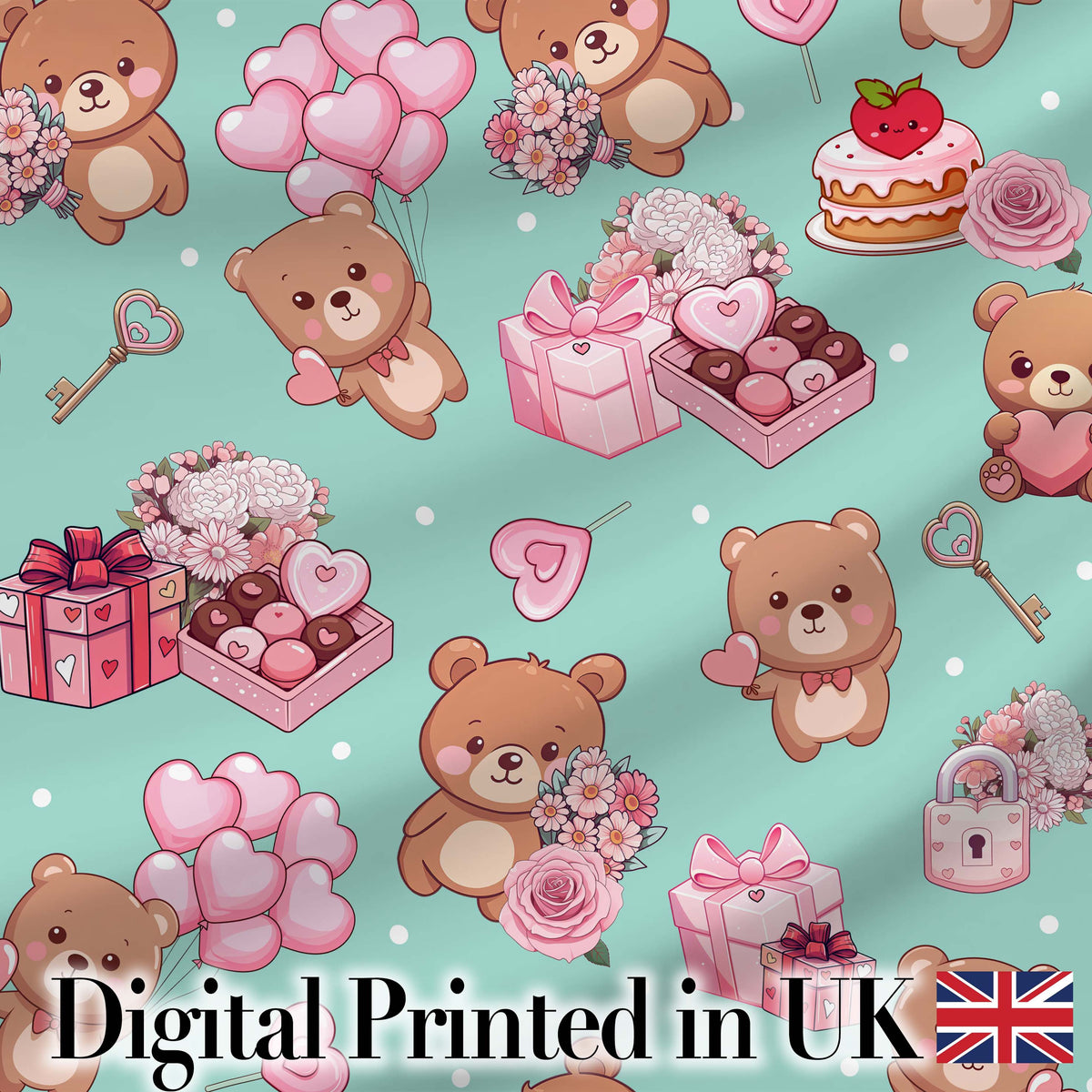 Cute Teddy Bears Gifts Hearts Mint Background Seamless Pattern Digital Print Fabric by the Metre UK Sewing Quilting Textile