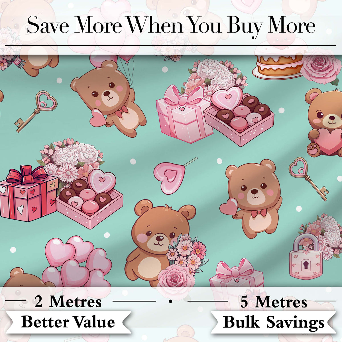 Cute Teddy Bears Gifts Hearts Mint Background Seamless Pattern Digital Print Fabric by the Metre UK Sewing Quilting Textile