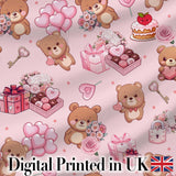Cute Teddy Bears Gifts Hearts Light Pink Seamless Pattern Digital Print Fabric by the Metre UK Sewing Quilting Textile
