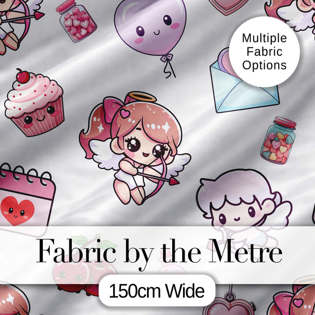 Cupid Angels Hearts Sweets Kawaii Valentine Seamless Pattern Yellow Background Digital Print Fabric by the Metre UK Sewing Quilting Textile