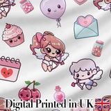 Cupid Angels Hearts Sweets Kawaii Valentine Seamless Pattern Yellow Background Digital Print Fabric by the Metre UK Sewing Quilting Textile