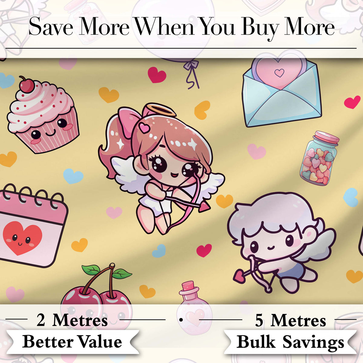 Cute Valentine Bears Cakes Sweets Hearts Kawaii Seamless Pattern Digital Print Fabric by the Metre UK Sewing Quilting Textile