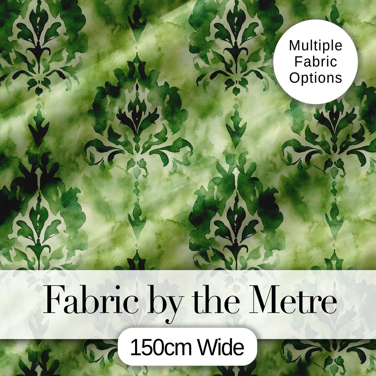 Green Watercolor Damask Pattern Classic Ornamental Seamless Design Digital Print Fabric by the Metre UK Sewing Quilting Textile