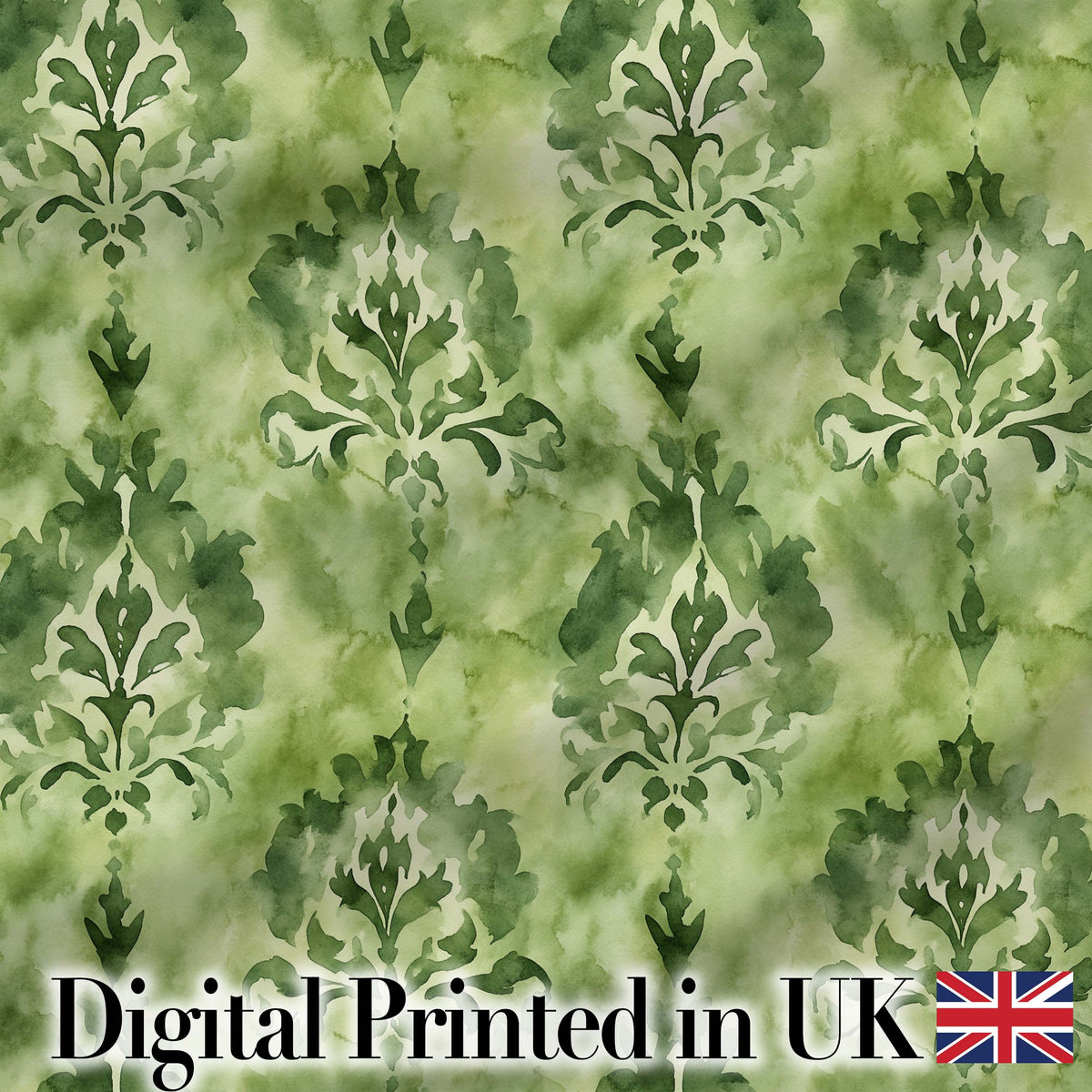 Green Watercolor Damask Pattern Classic Ornamental Seamless Design Digital Print Fabric by the Metre UK Sewing Quilting Textile