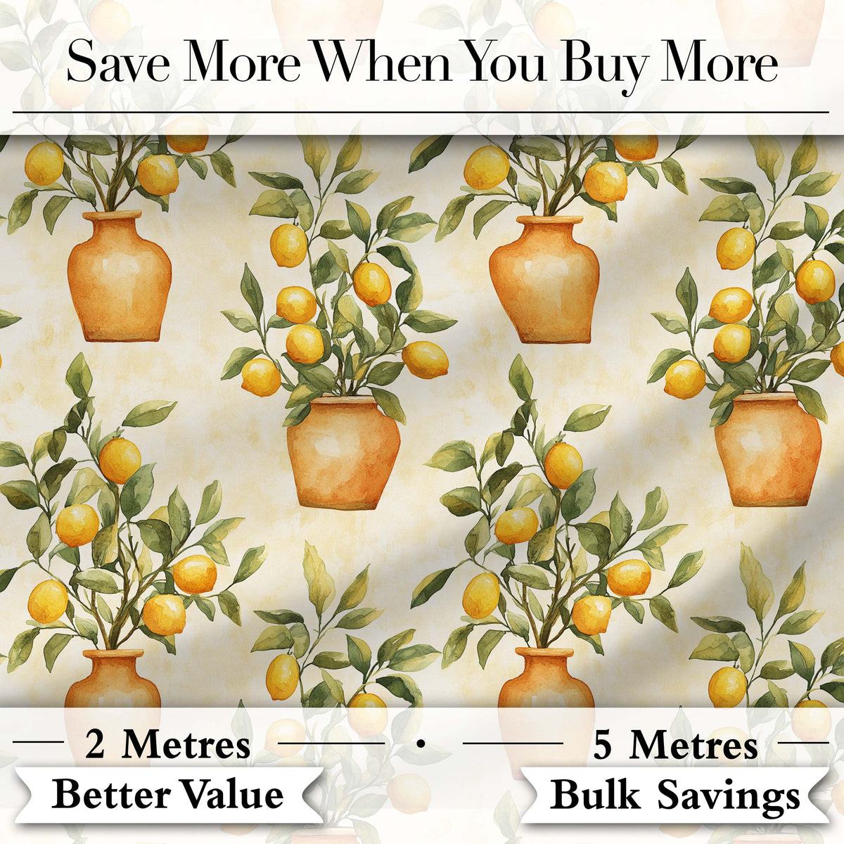 Lemon Tree Pot Rustic Mediterranean Seamless Pattern Digital Print Fabric by the Metre UK Sewing Quilting Textile