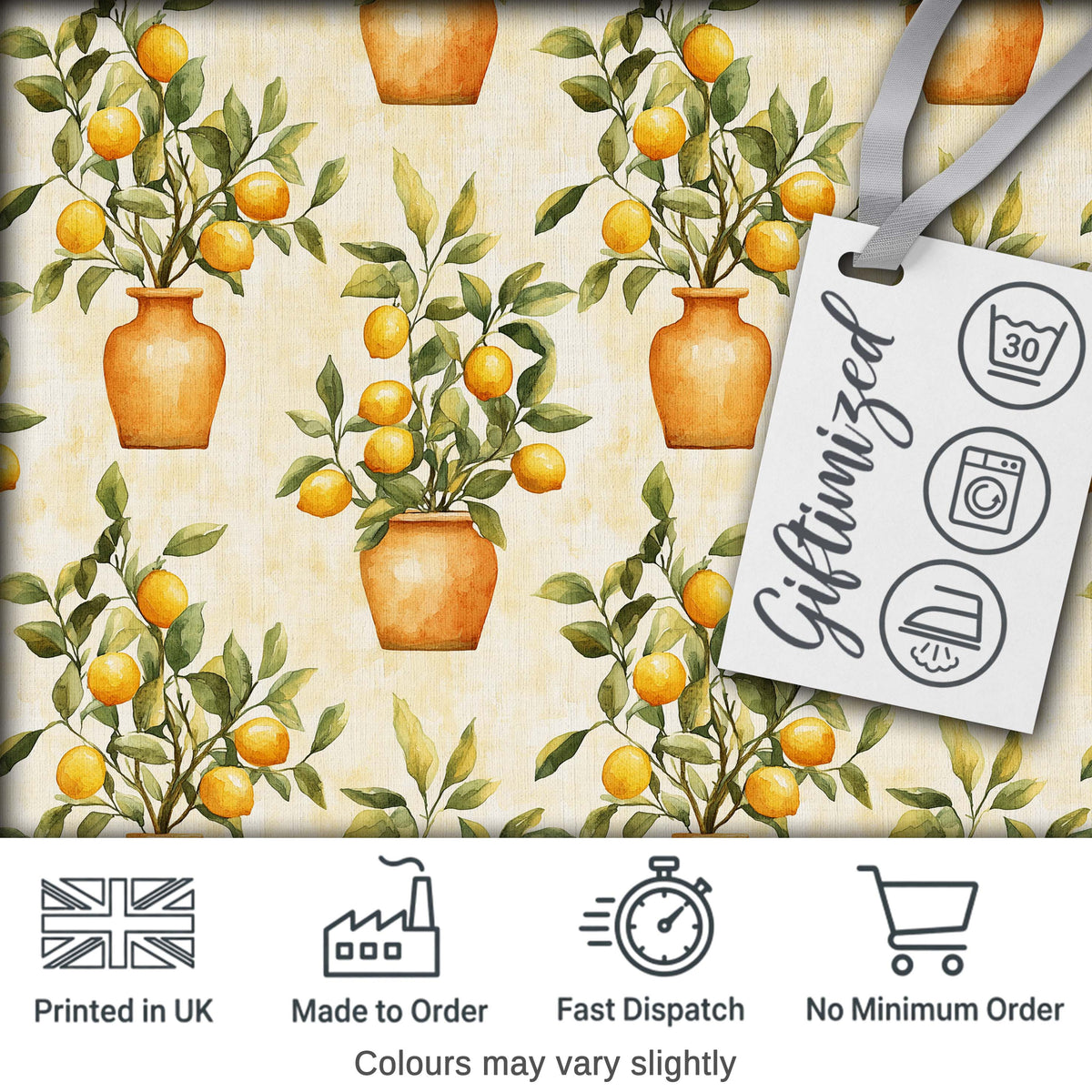 Lemon Tree Pot Rustic Mediterranean Seamless Pattern Digital Print Fabric by the Metre UK Sewing Quilting Textile