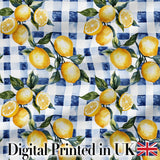 Watercolor Lemon Fruit Blue Gingham Picnic Seamless Pattern Digital Print Fabric by the Metre UK Sewing Quilting Textile