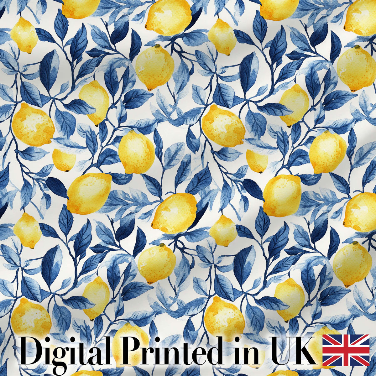 Lemon Blue Leaf Botanical Seamless Pattern Digital Print Fabric by the Metre UK Sewing Quilting Textile