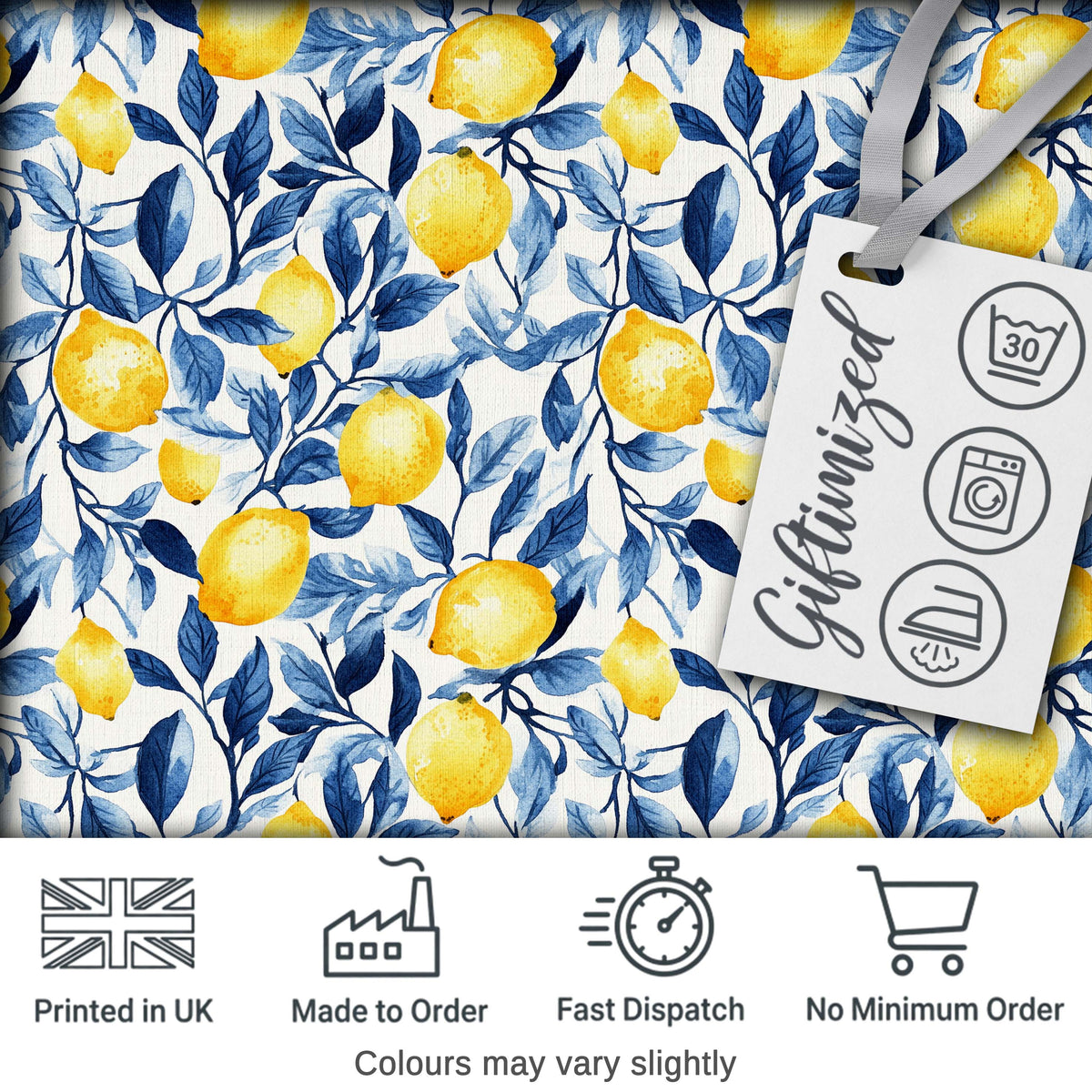 Lemon Blue Leaf Botanical Seamless Pattern Digital Print Fabric by the Metre UK Sewing Quilting Textile