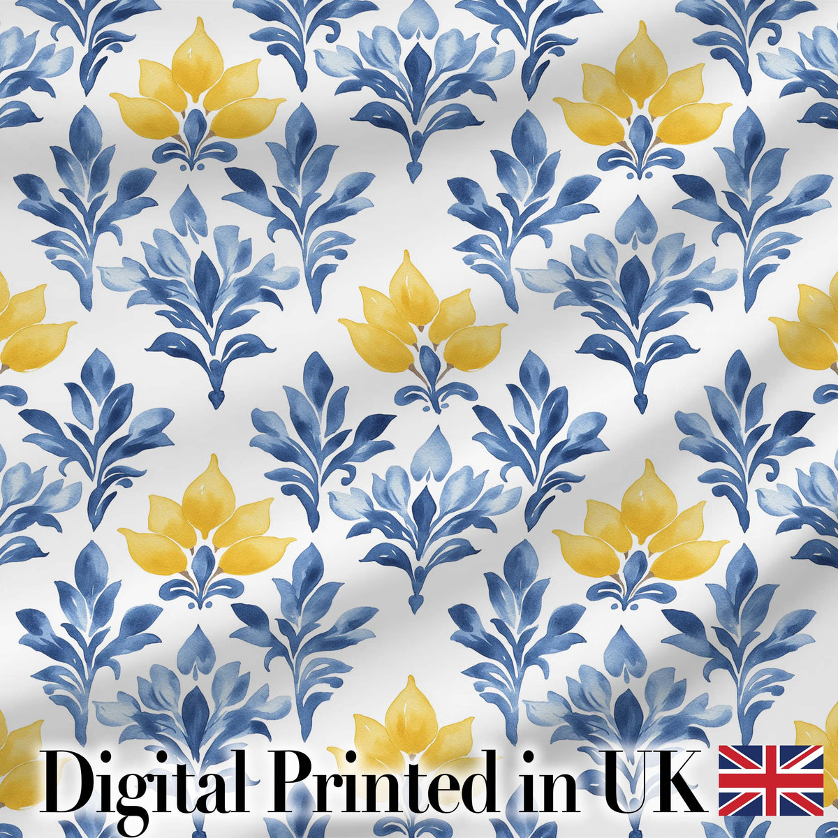 Blue Yellow Floral Motif Vintage Seamless Pattern Digital Print Fabric by the Metre UK Sewing Quilting Textile