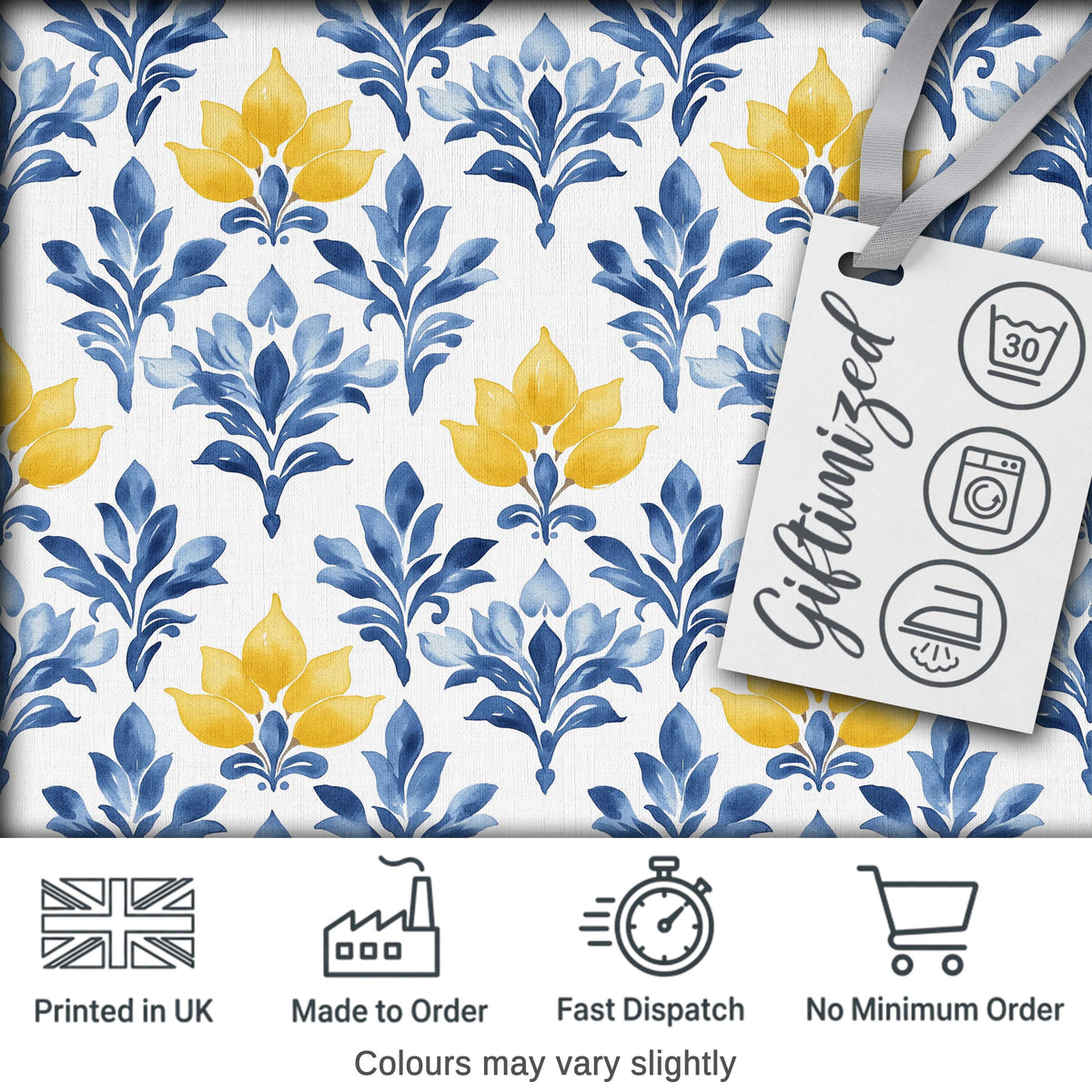 Blue Yellow Floral Motif Vintage Seamless Pattern Digital Print Fabric by the Metre UK Sewing Quilting Textile