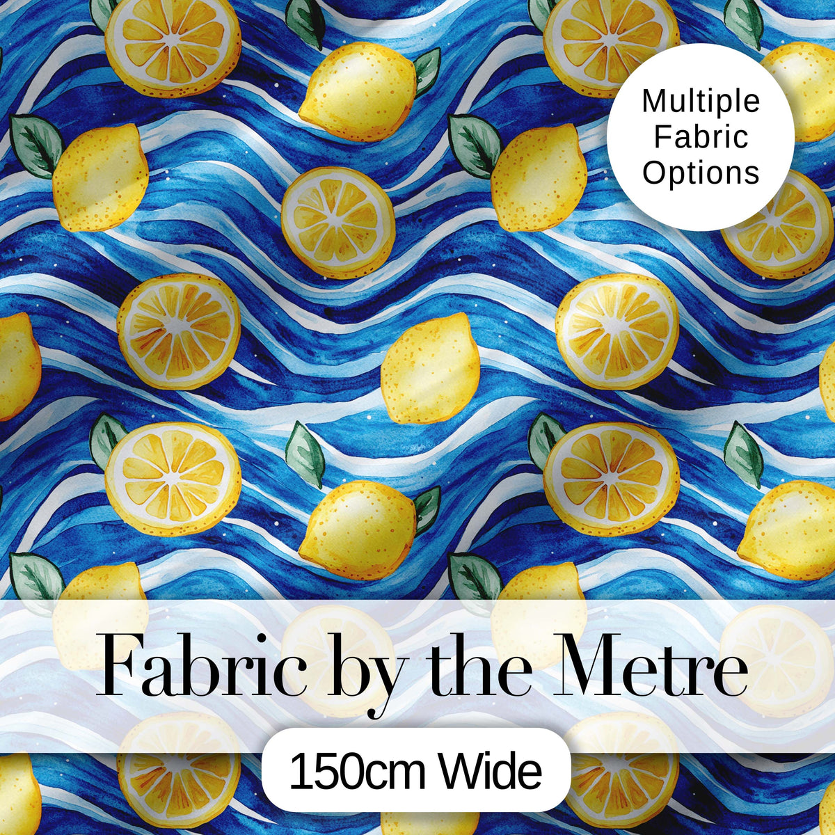 Bright Lemon Slices Blue Ocean Waves Summer Coastal Seamless Pattern Design Digital Print Fabric by the Metre UK Sewing Quilting Textile