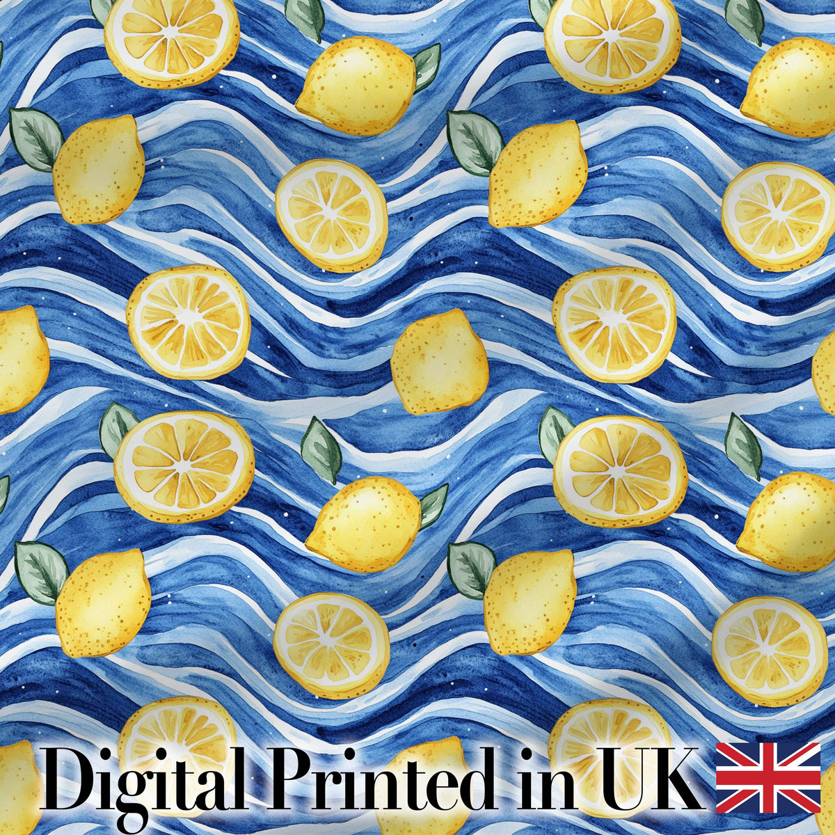 Bright Lemon Slices Blue Ocean Waves Summer Coastal Seamless Pattern Design Digital Print Fabric by the Metre UK Sewing Quilting Textile