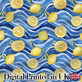 Bright Lemon Slices Blue Ocean Waves Summer Coastal Seamless Pattern Design Digital Print Fabric by the Metre UK Sewing Quilting Textile