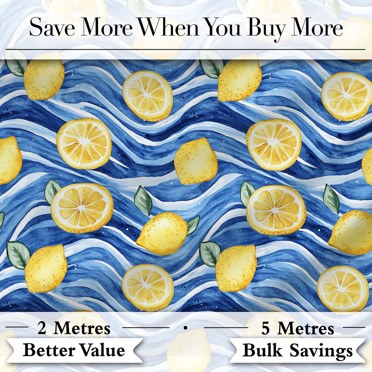 Bright Lemon Slices Blue Ocean Waves Summer Coastal Seamless Pattern Design Digital Print Fabric by the Metre UK Sewing Quilting Textile