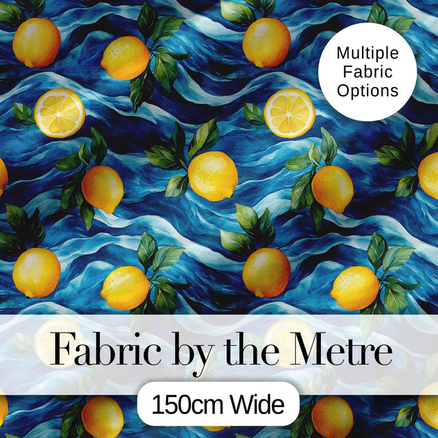 Hand Painted Lemon Fruit Flowing Water Waves Seamless Pattern Coastal Style Digital Print Fabric by the Metre UK Sewing Quilting Textile