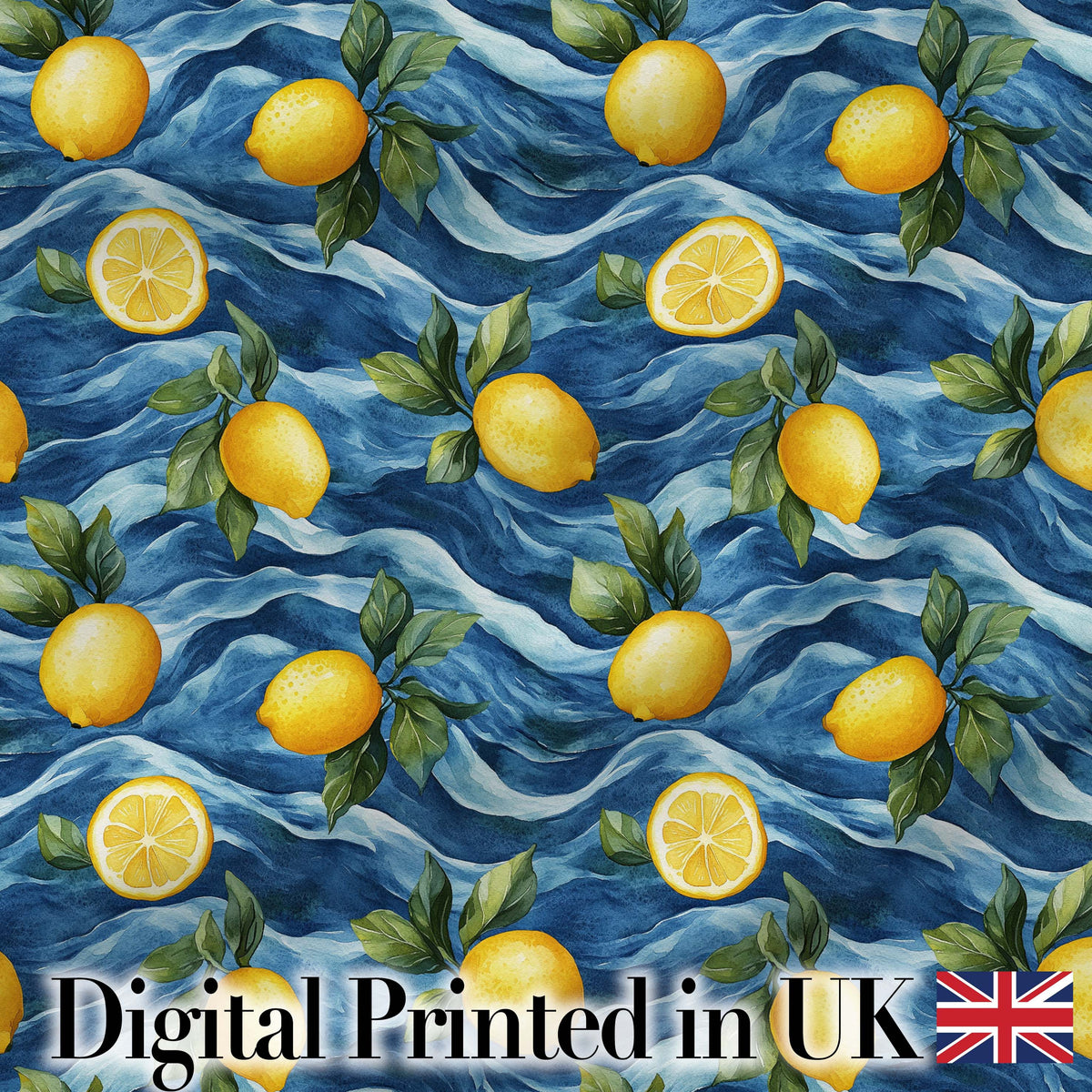Hand Painted Lemon Fruit Flowing Water Waves Seamless Pattern Coastal Style Digital Print Fabric by the Metre UK Sewing Quilting Textile
