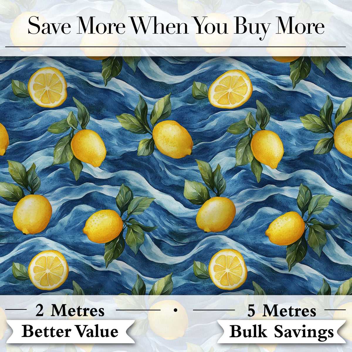 Hand Painted Lemon Fruit Flowing Water Waves Seamless Pattern Coastal Style Digital Print Fabric by the Metre UK Sewing Quilting Textile