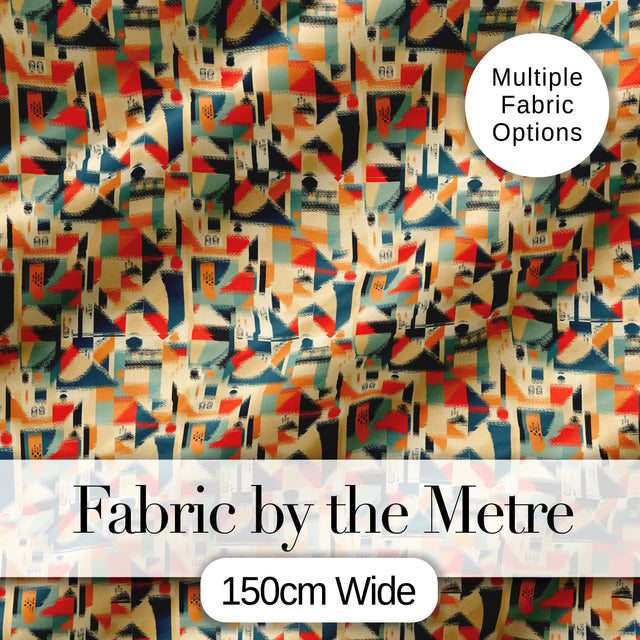 Modern  Geometric Shapes Beige Blue Orange Seamless Pattern Digital Print Fabric by the Metre UK Sewing Quilting Textile